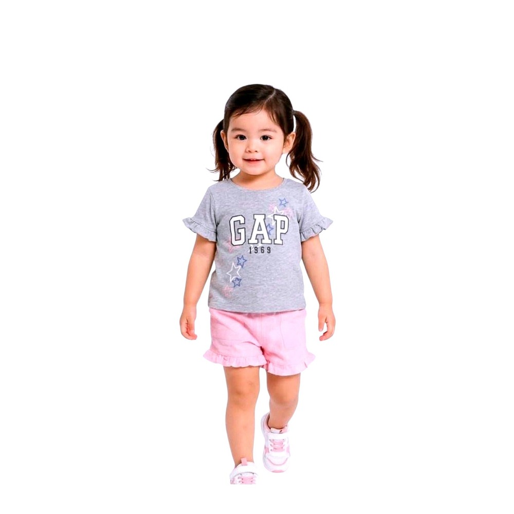 Gap Kids Girls 2 Piece Set Grey Ruffle Logo Tee & Pink Ruffle Shorts Sz 18M NEW